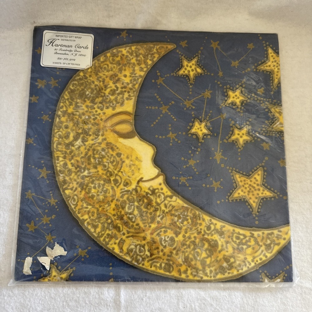 Vintage NOS Hartman Cards Celestial Moon Stars Gift Wrap‎ Sheets 20x28" 2 Sheets